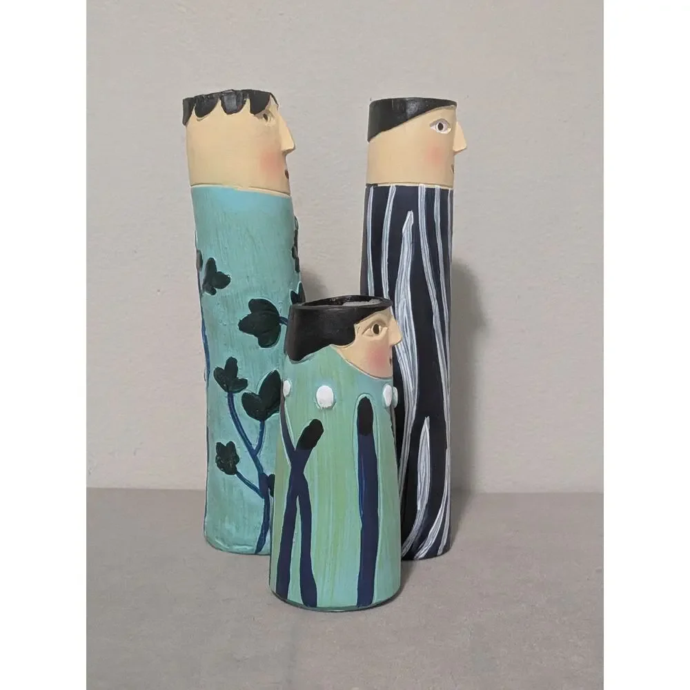 Set of 3 Bohemian Spring Family Resin Face Bud Vases Whimsical Boho Decor